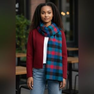 Cashmere Elegant Blue and Red Checkered Scarf